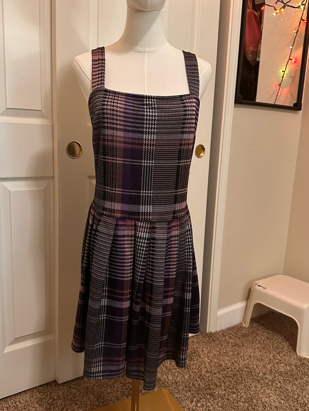 Girls Plaid Pinafore Dress in Purple and Black - Square Neck